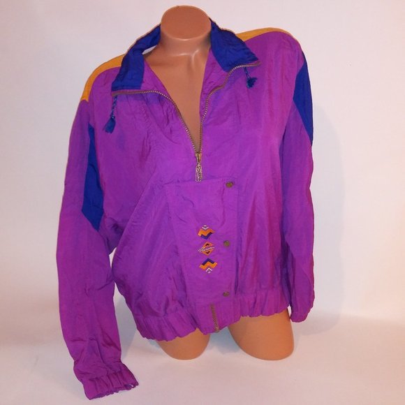 Vintage Puma Windbreaker Jacket Large Purple Orange Retro Embroidered Colorblock - Picture 1 of 11